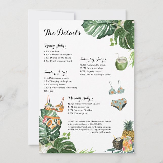 Invitación Bachelorette Party Beach Weekend 4 Day Itinerario (Reverso)