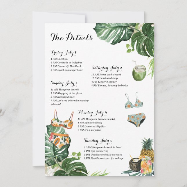 Invitación Bachelorette Party Beach Weekend Itinerary (Reverso)
