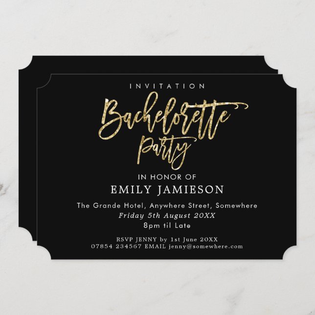 Invitación Bachelorette Party Black Gold Script Typografía (Anverso / Reverso)