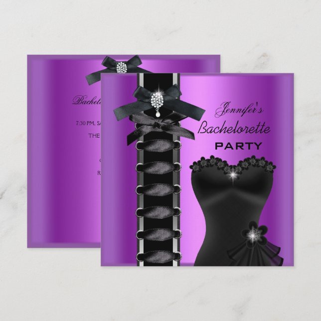Invitación Bachelorette Party Black Purple Diamond Corset Tie (Anverso / Reverso)