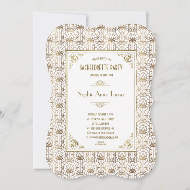 Invitación Bachelorette Party | Blanco de oro Art Deco de los (Anverso)