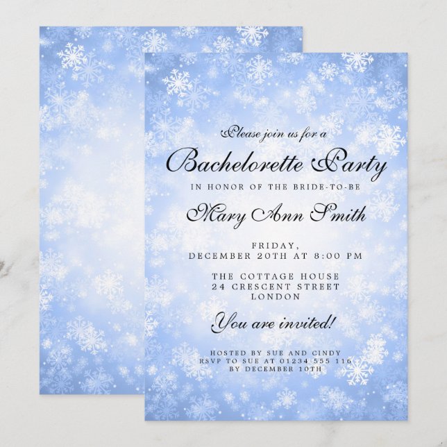 Invitación Bachelorette Party Blue Winter Wonderland (Anverso / Reverso)