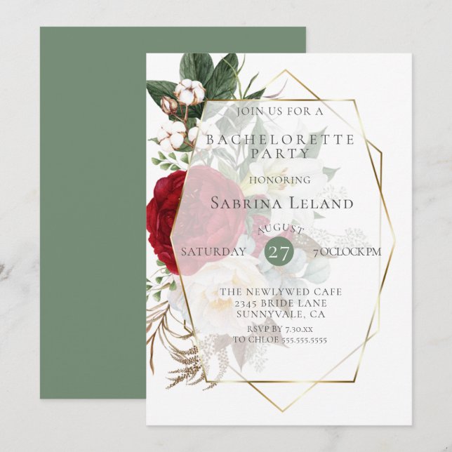 Invitación Bachelorette Party | Borgoña Marfil Peonies (Anverso / Reverso)