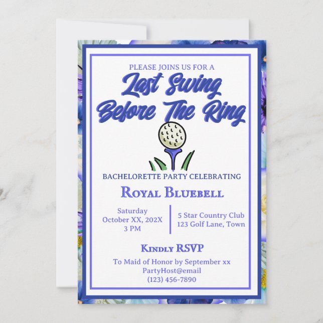 Invitación Bachelorette Party Bridal Shower Golf Flores azule (Anverso)