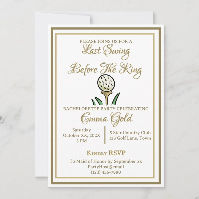 Invitación Bachelorette Party Bridal Shower Golf Gold & White (Anverso)