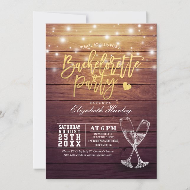 Invitación Bachelorette Party Champagne Glass Wood Lights (Anverso)
