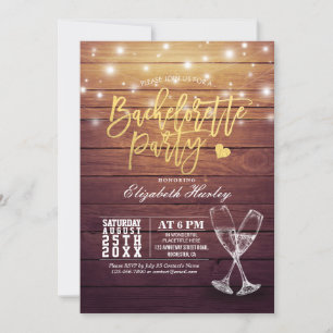 Invitación Bachelorette Party Champagne Glass Wood Lights
