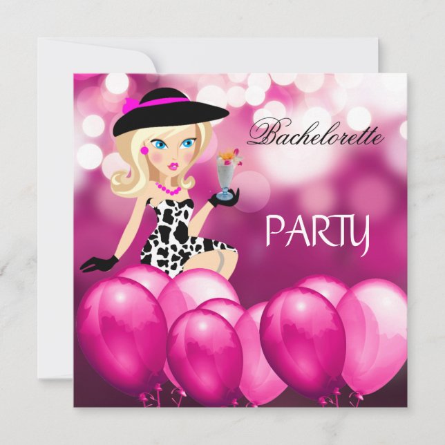 Invitación Bachelorette Party Chica Rosa Balloons Cocktail 3 (Anverso)