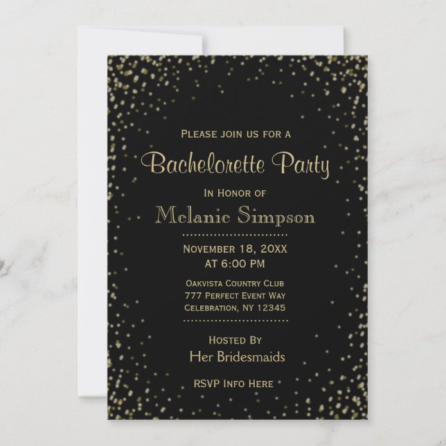 Invitación Bachelorette Party | Confetti de oro negro (Anverso)