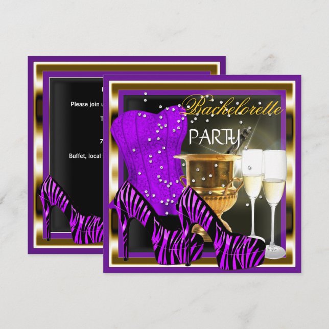 Invitación Bachelorette Party Corset Purple Zebra Gold (Anverso / Reverso)
