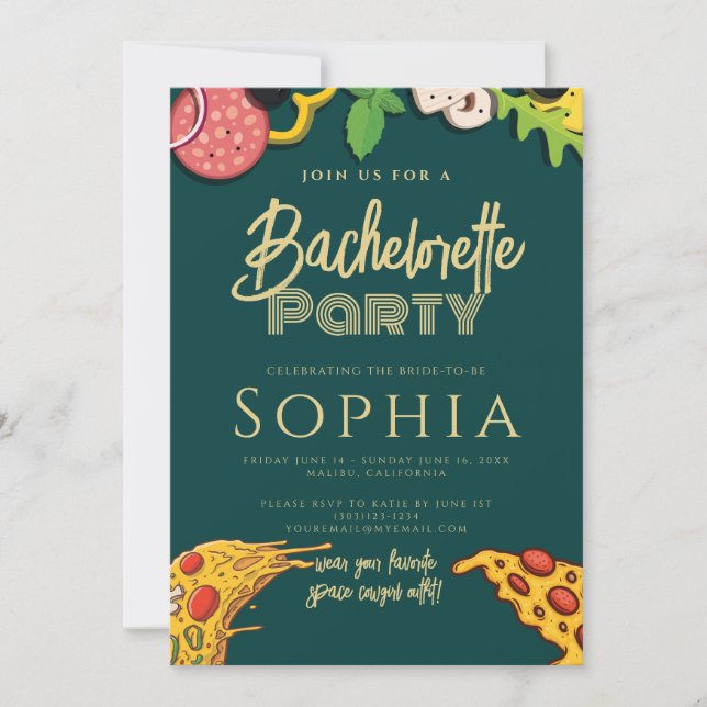 Invitación Bachelorette Party Emerald Green Gold PIZZA Modern (Anverso)