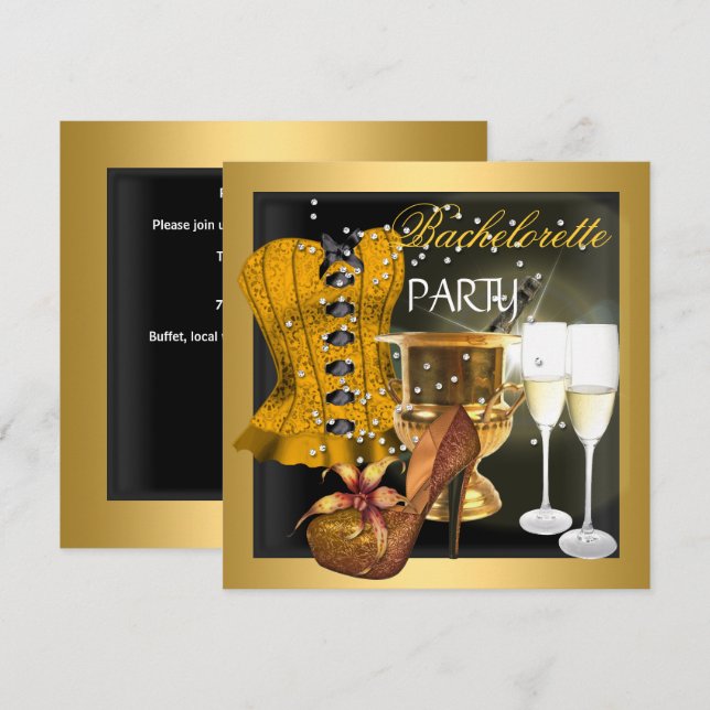 Invitación Bachelorette Party Gold Black Corset Shoes (Anverso / Reverso)