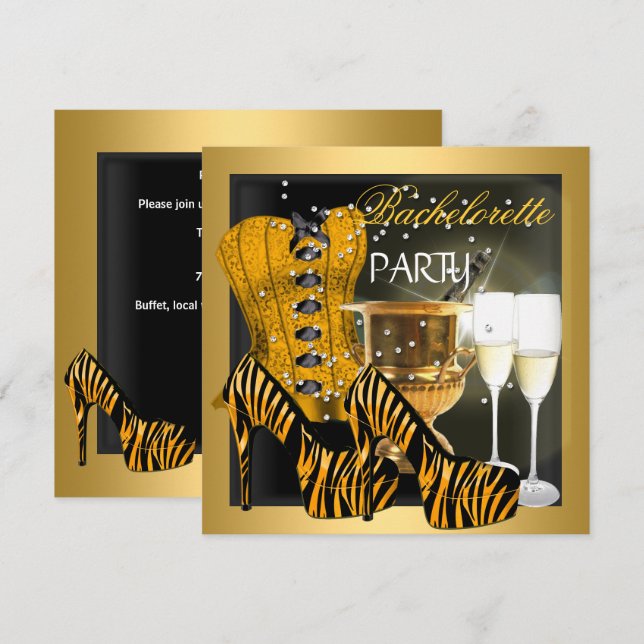 Invitación Bachelorette Party Gold Black Corset Zebra Shoes (Anverso / Reverso)