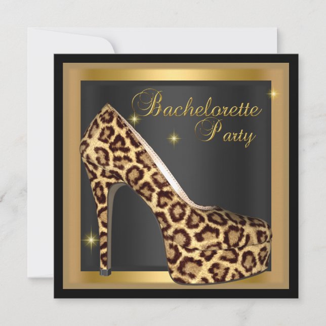 Invitación Bachelorette Party Gold Black Leopard Hi Heel Shoe (Anverso)