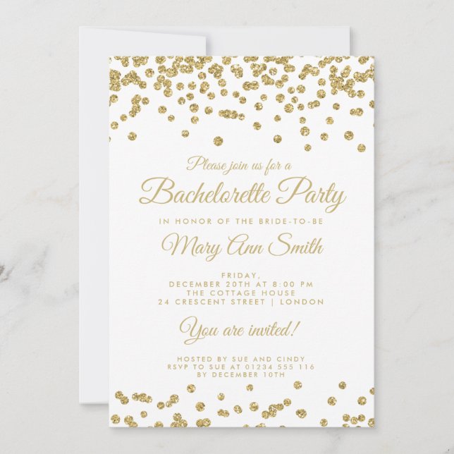 Invitación Bachelorette Party Gold Faux Purpurina Confetti (Anverso)