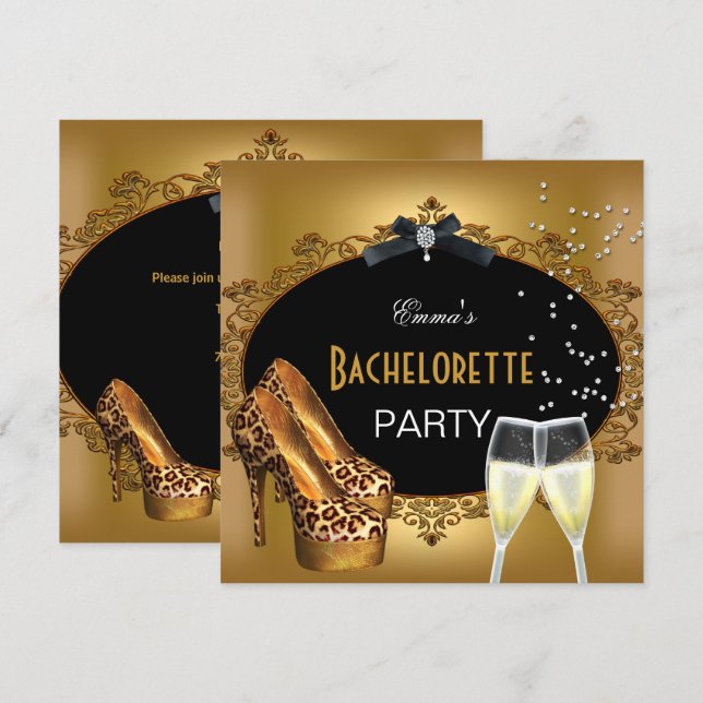 Invitación Bachelorette Party Gold Leopard Zapatos Negros 2 (Anverso / Reverso)