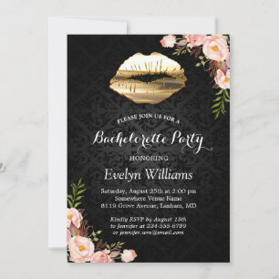 Invitación Bachelorette Party Gold Lips Damask Rubor Floral