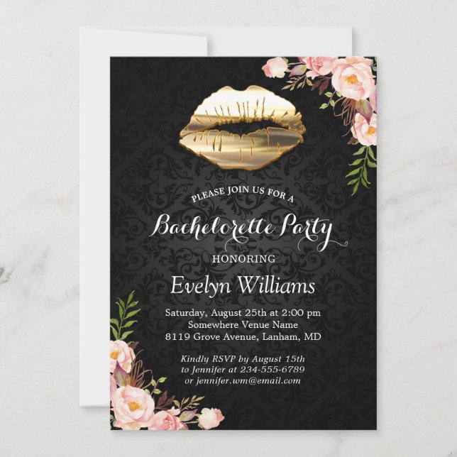 Invitación Bachelorette Party Gold Lips Damask Rubor Floral (Anverso)