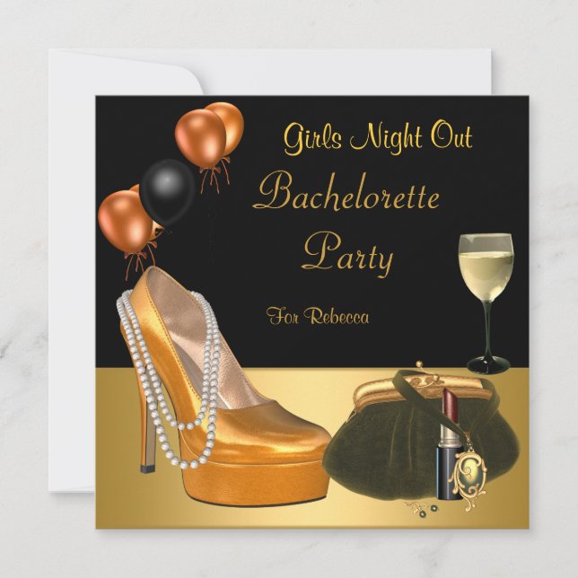 Invitación Bachelorette Party Gold Shoes Hi Heels Wine Glass (Anverso)