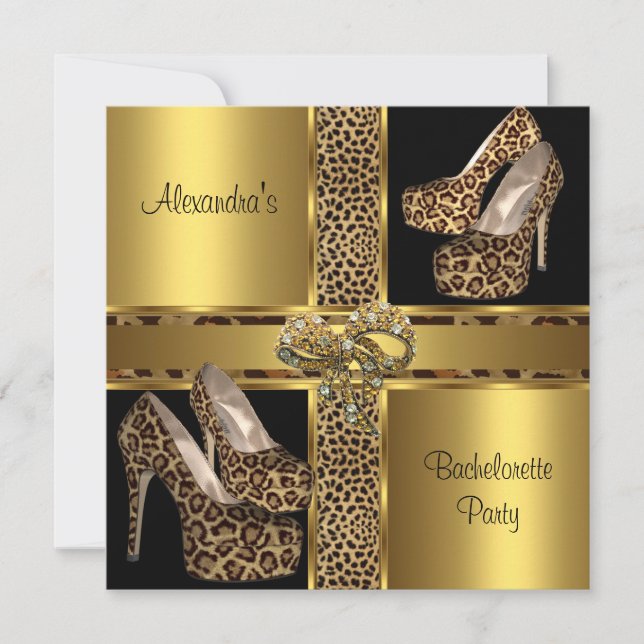 Invitación Bachelorette Party Hi Heel Shoes Leopard Gold 2 (Anverso)