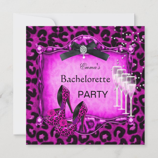 Invitación Bachelorette Party Hot Pink Leopard Black Shoes (Anverso)