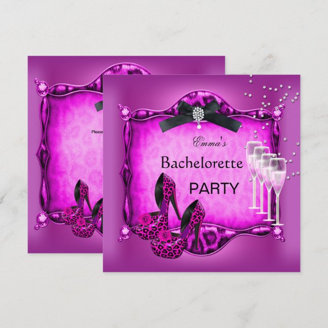 Invitación Bachelorette Party Hot Pink Leopard Black Shoes 2 (Anverso / Reverso)
