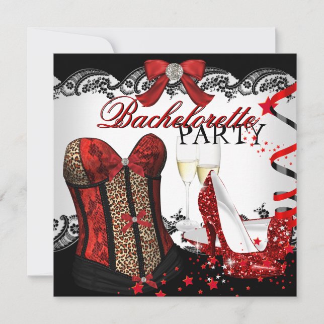 Invitación Bachelorette Party Lace Red Corset Champagne (Anverso)