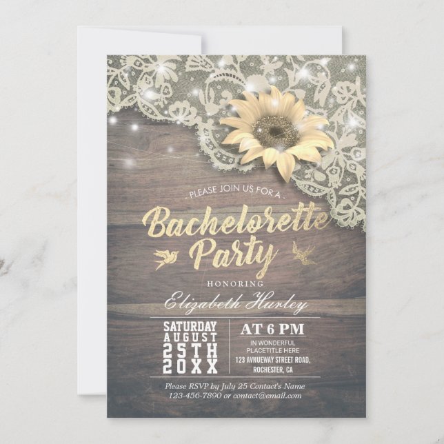 Invitación Bachelorette Party Lace Sunflower Barn Madera Luce (Anverso)