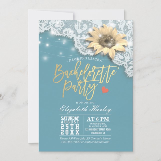Invitación Bachelorette Party Lace Sunflowers String Lights (Anverso)