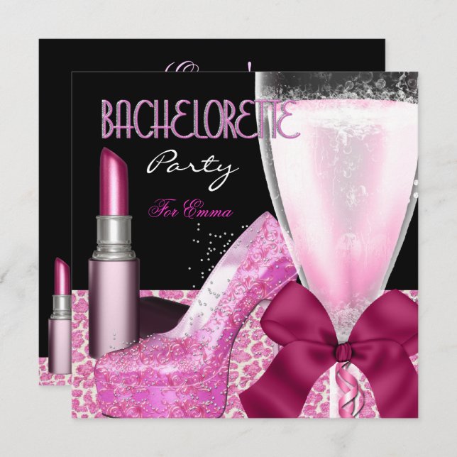 Invitación Bachelorette Party Lipstick Rosa Champagne (Anverso / Reverso)