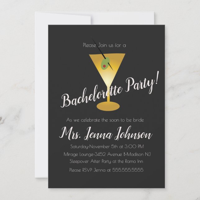 Invitación Bachelorette Party Martini Glass Faux Gold (Anverso)