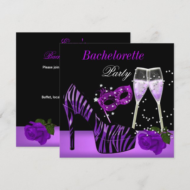 Invitación Bachelorette Party Máscara Morada Zapatos Champagn (Anverso / Reverso)