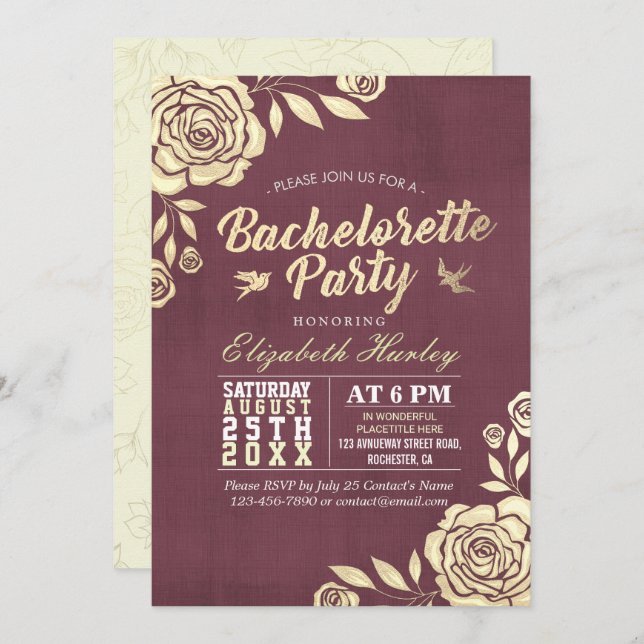 Invitación Bachelorette Party Moderno Rosa Dorado Borgoña Roj (Anverso / Reverso)