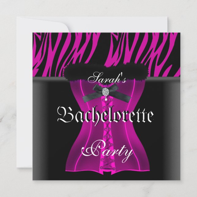 Invitación Bachelorette Party Pink Zebra Black Corset (Anverso)