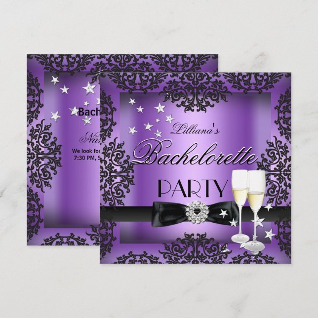 Invitación Bachelorette Party Purple Black Champagne (Anverso / Reverso)
