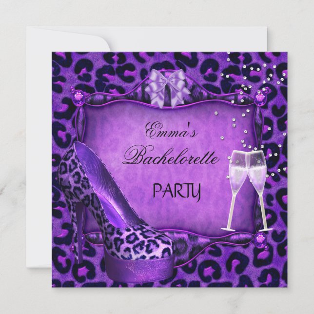 Invitación Bachelorette Party Purple Leopard Zapatos Negros (Anverso)
