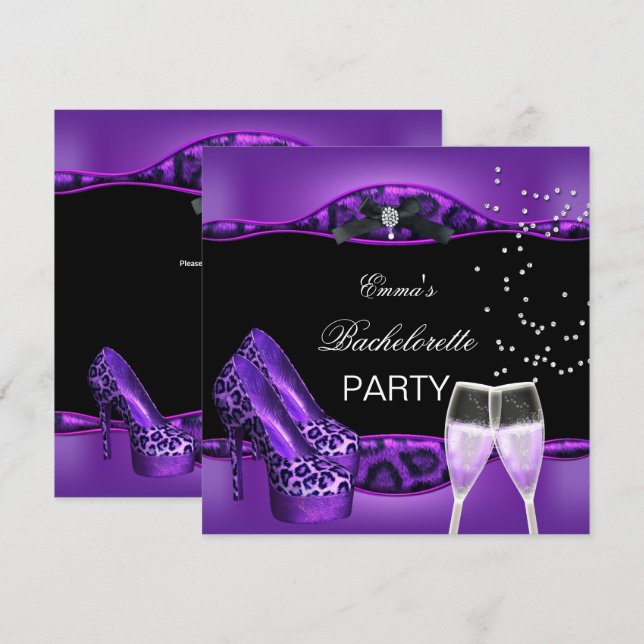 Invitación Bachelorette Party Purple Leopard Zapatos Negros 4 (Anverso / Reverso)