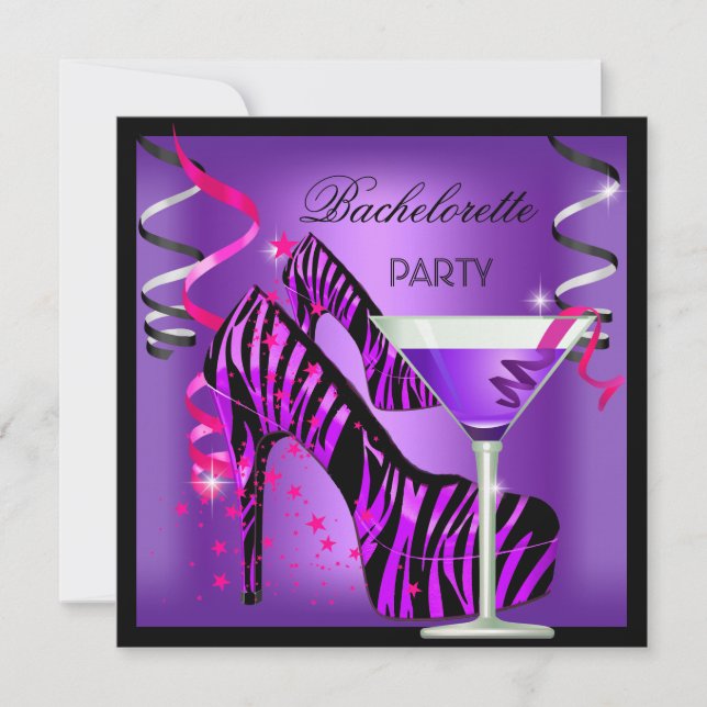 Invitación Bachelorette Party Purple Pink Zebra Cocktail (Anverso)
