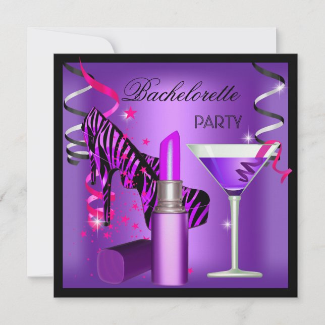 Invitación Bachelorette Party Purple Pink Zebra Lipstick (Anverso)