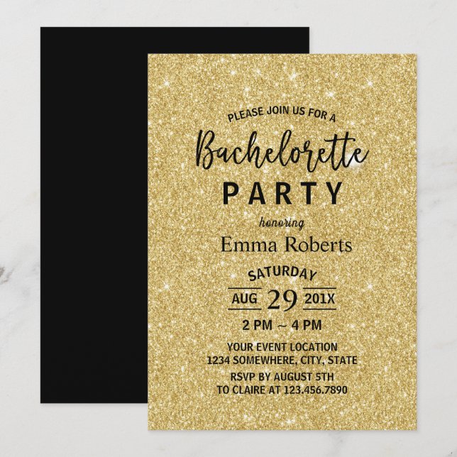 Invitación Bachelorette Party Purpurina de oro moderno (Anverso / Reverso)