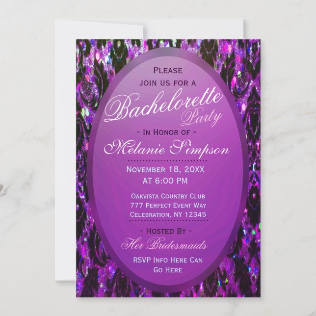 Invitación Bachelorette Party | Purpurina Purple Damask (Anverso)