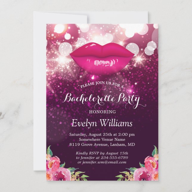 Invitación Bachelorette Party Purpurina Púrpura Rosa Lija Flo (Anverso)