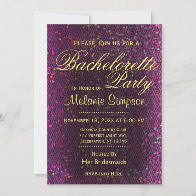 Invitación Bachelorette Party | Purpurina rosado caliente (Anverso)