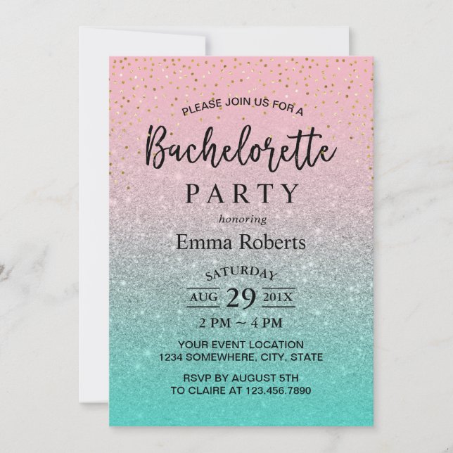 Invitación Bachelorette Party Purpurina Verde azulada de Plat (Anverso)