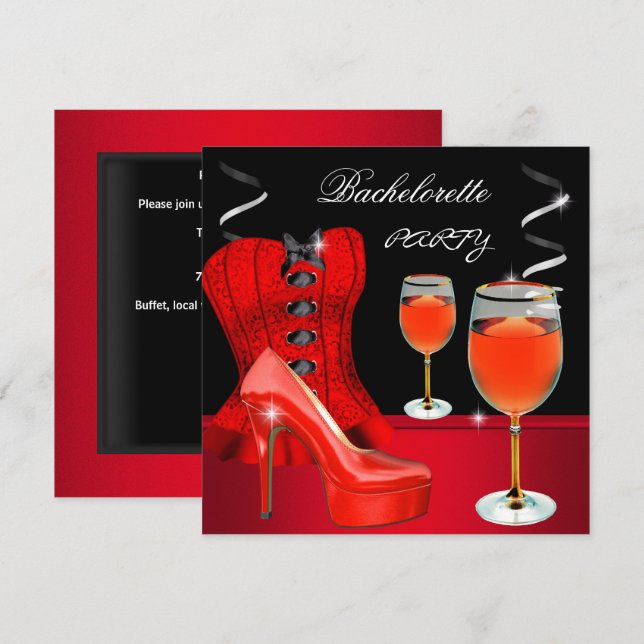 Invitación Bachelorette Party Red Shoe Corset Black Wine (Anverso / Reverso)