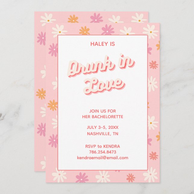 Invitación Bachelorette Party Retro Daisy Rosa ebrio enamorad (Anverso / Reverso)