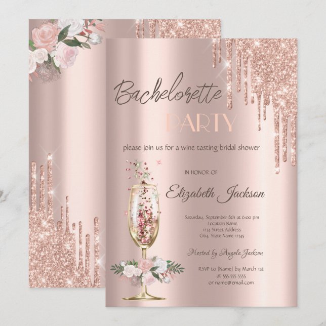 Invitación Bachelorette Party, Rosas de Glass de Champagne (Anverso / Reverso)