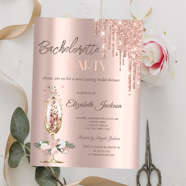 Invitación Bachelorette Party, Rosas de Glass de Champagne (Subido por el creador)