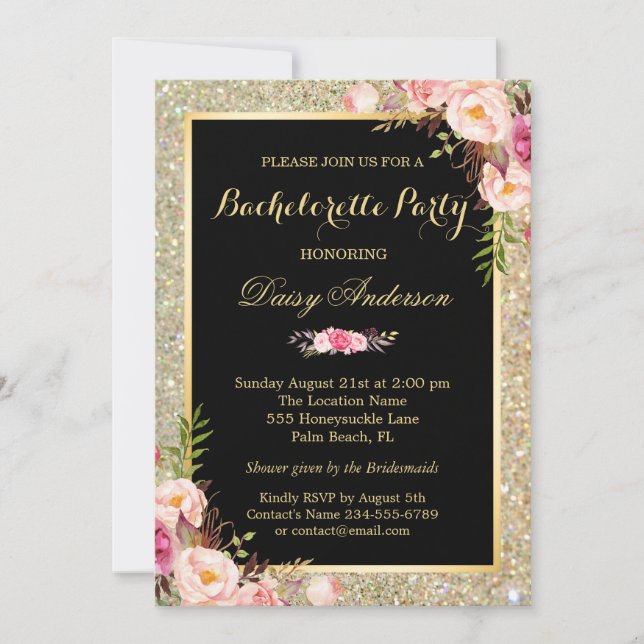Invitación Bachelorette Party Shiny Gold Esparce Floral (Anverso)