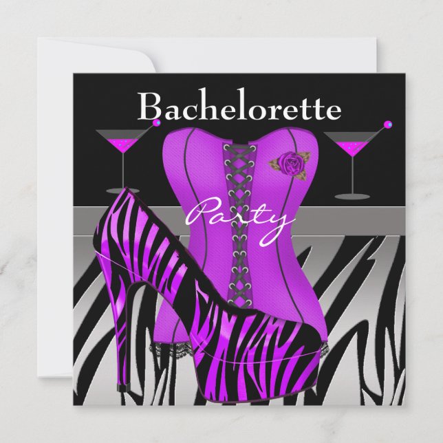 Invitación Bachelorette Party Shoes Purple Zebra Corset (Anverso)